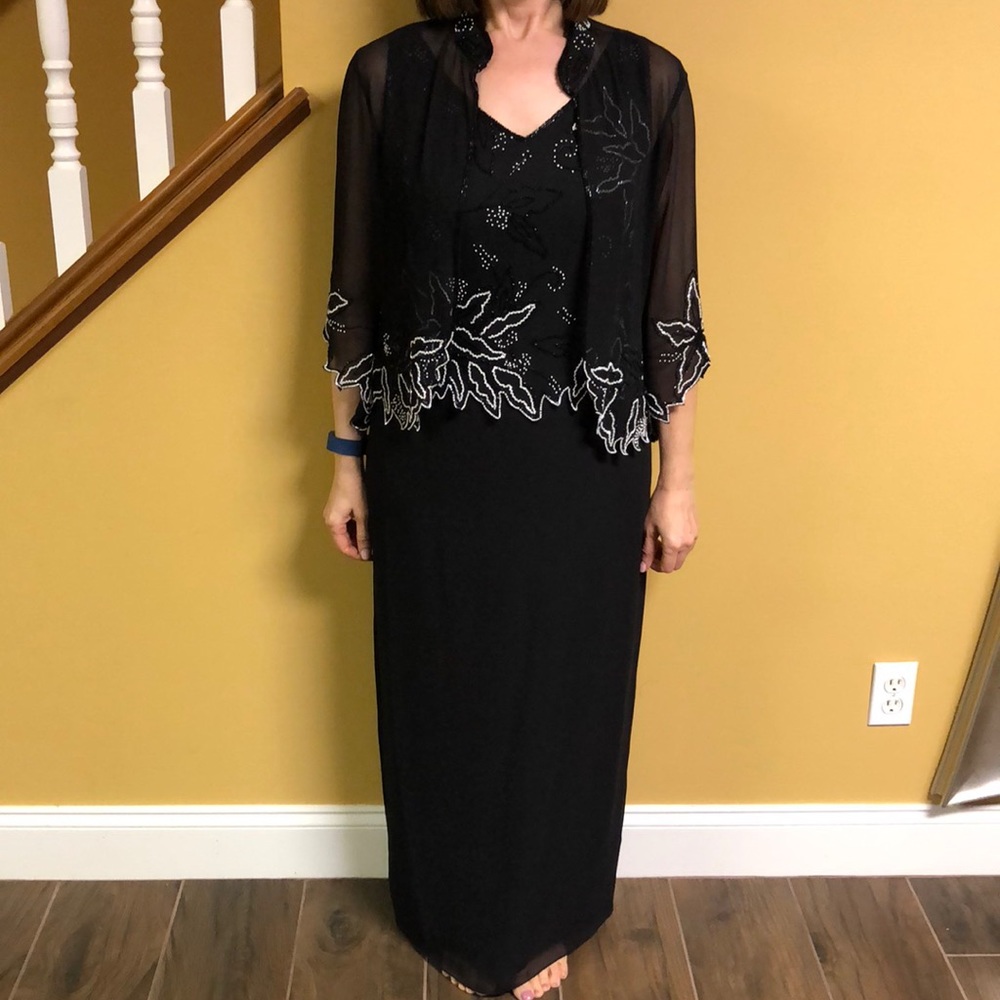 Long black dress with detachable beaded jacket